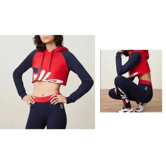 NWOT Fila Cropped Hoodie Large Red Navy Drawstring Logo Fleece Lined Swe… - Picture 3 of 12